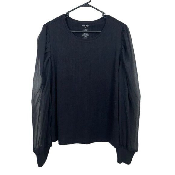 Nine West Women SZ XL Black Long Sheer Sleeves Top Blouse. Stretch Basic - Picture 2 of 10